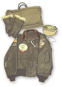 Leather items - USAAF Map Case, Gunner's Gloves, Polaroid Flight Goggles and USN G-1 Flying Jacket